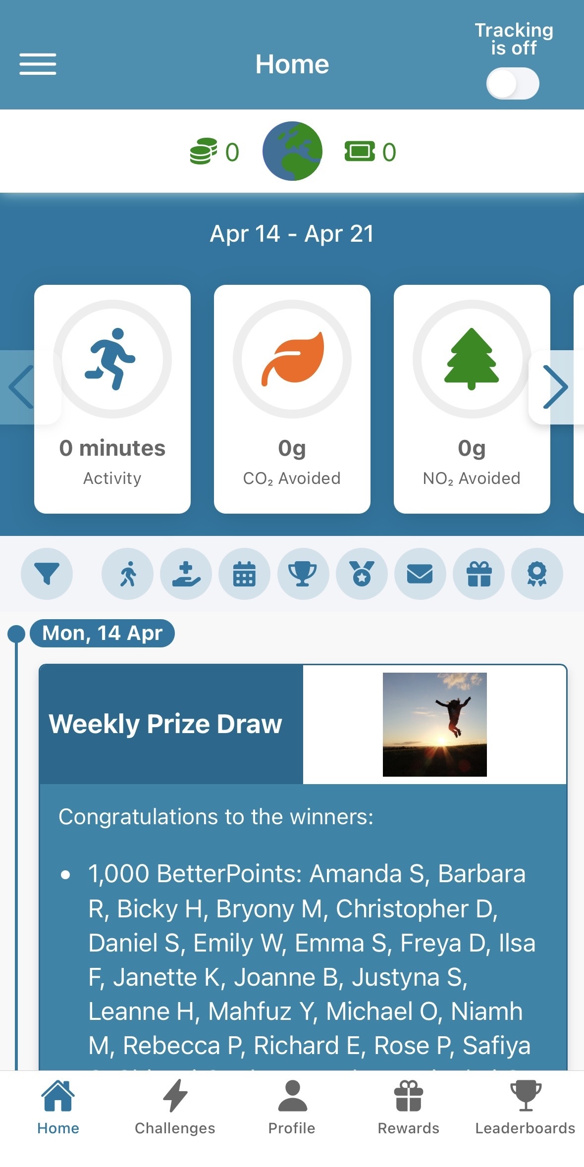 BetterPoints Screenshot of a mobile app showing activity, CO2 avoided, NO2 avoided (all at zero), and a weekly prize draw winners list for April 14–21. Tracking is indicated as off.