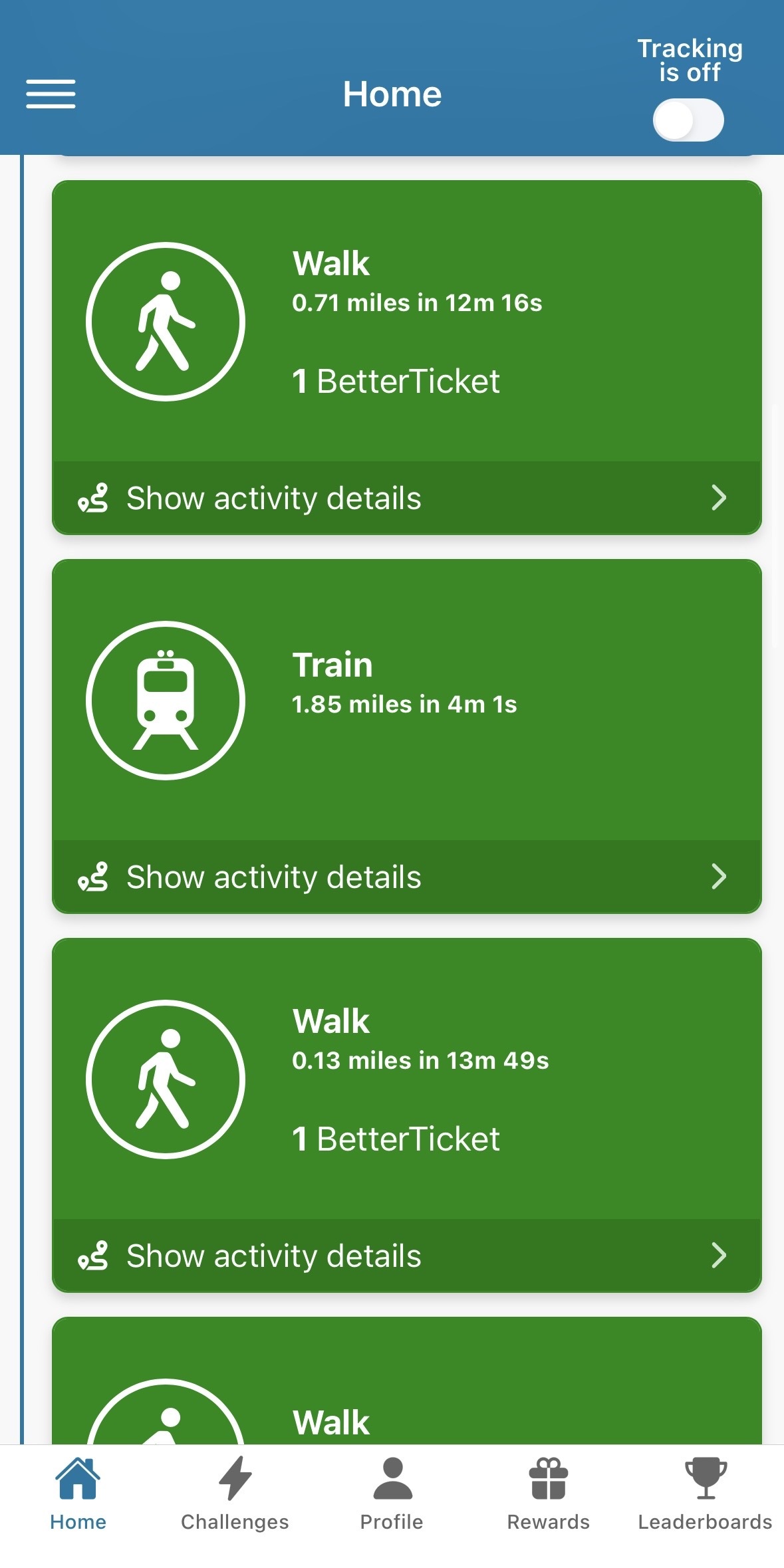 BetterPoints activity Mobile app screen showing a list of travel activities, including walking and train rides, with distances, times, and reward tickets earned. Navigation bar is at the bottom.