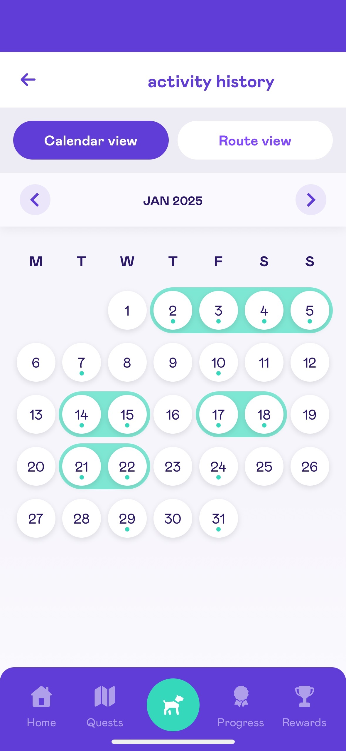 Biscuit activity history A digital calendar for January 2025 shows selected activity dates highlighted in green, with most activity occurring between January 1–5, 15–19, and 21–23.