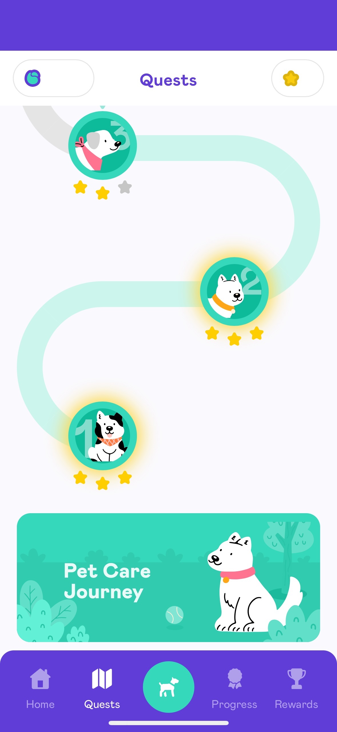Biscuit quests Mobile app screen displaying a "Pet Care Journey" quest progress map with cartoon dog icons and star ratings, along with navigation icons at the bottom.