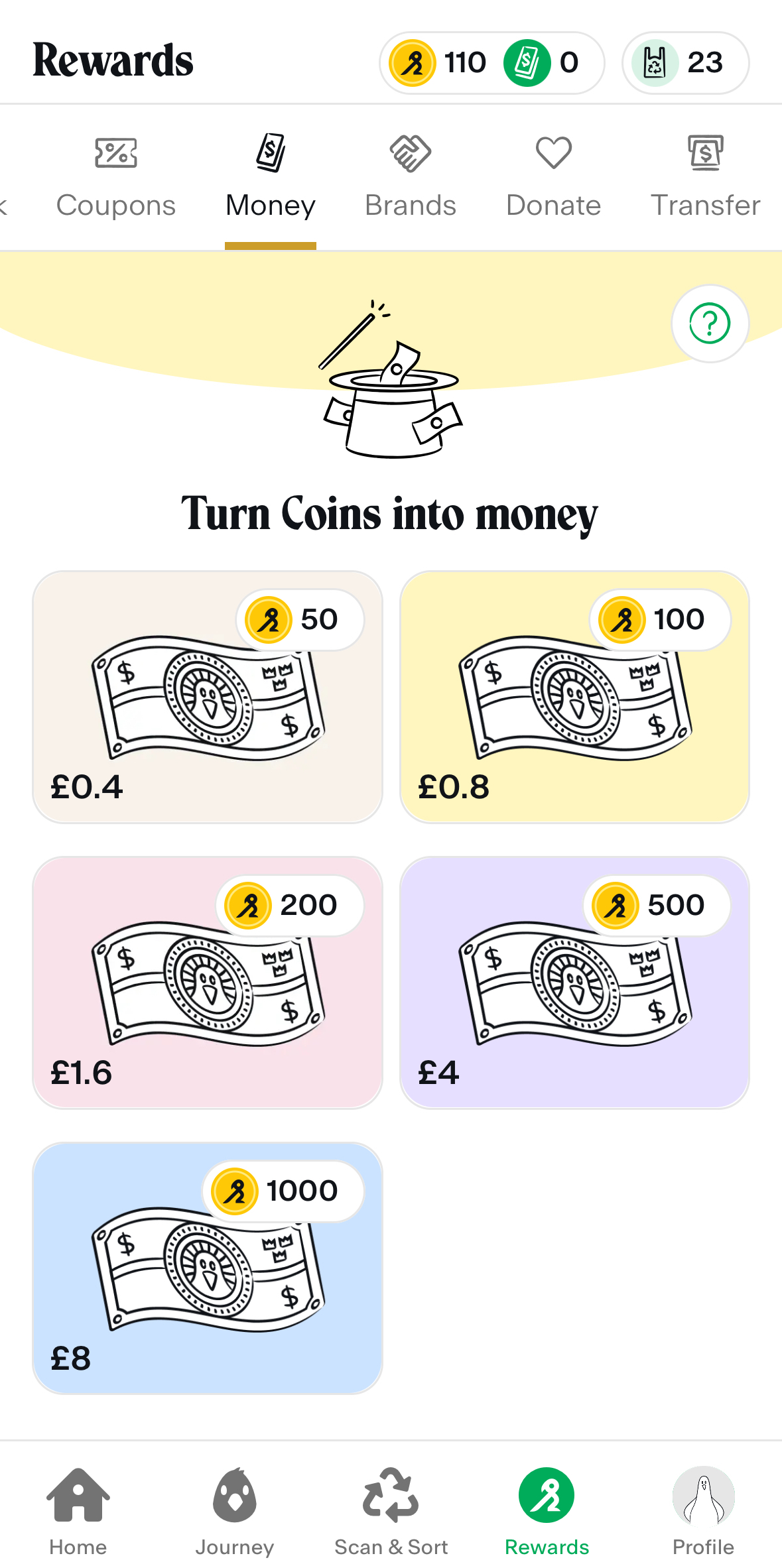 Bower payout Rewards screen showing options to exchange virtual coins for money, with coin values and corresponding cash amounts ranging from £0.40 to £8.