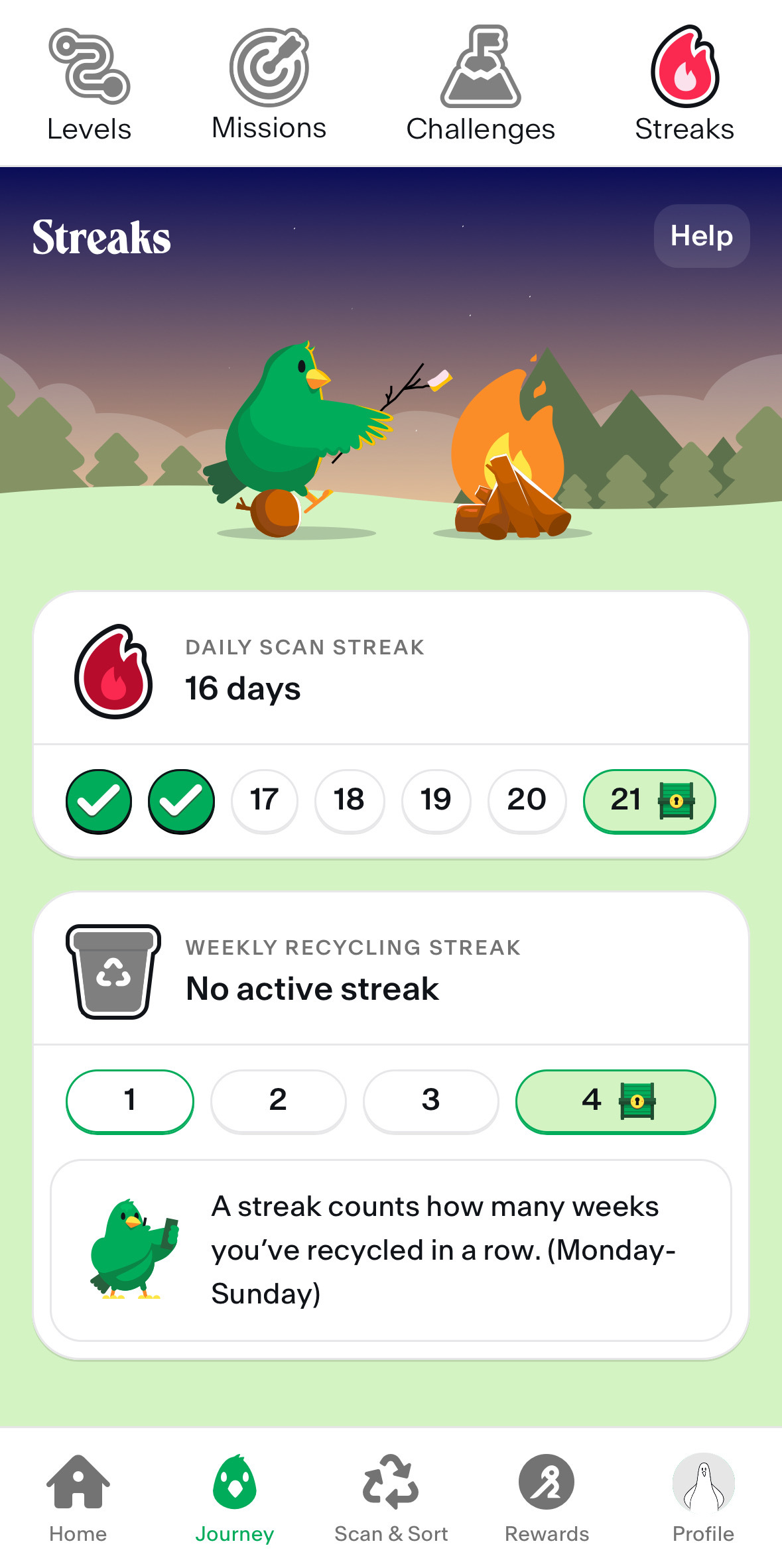 Bower streaks A mobile app screen showing a "Streaks" page with a 16-day daily scan streak and no active weekly recycling streak. Icons and a campfire illustration are visible.