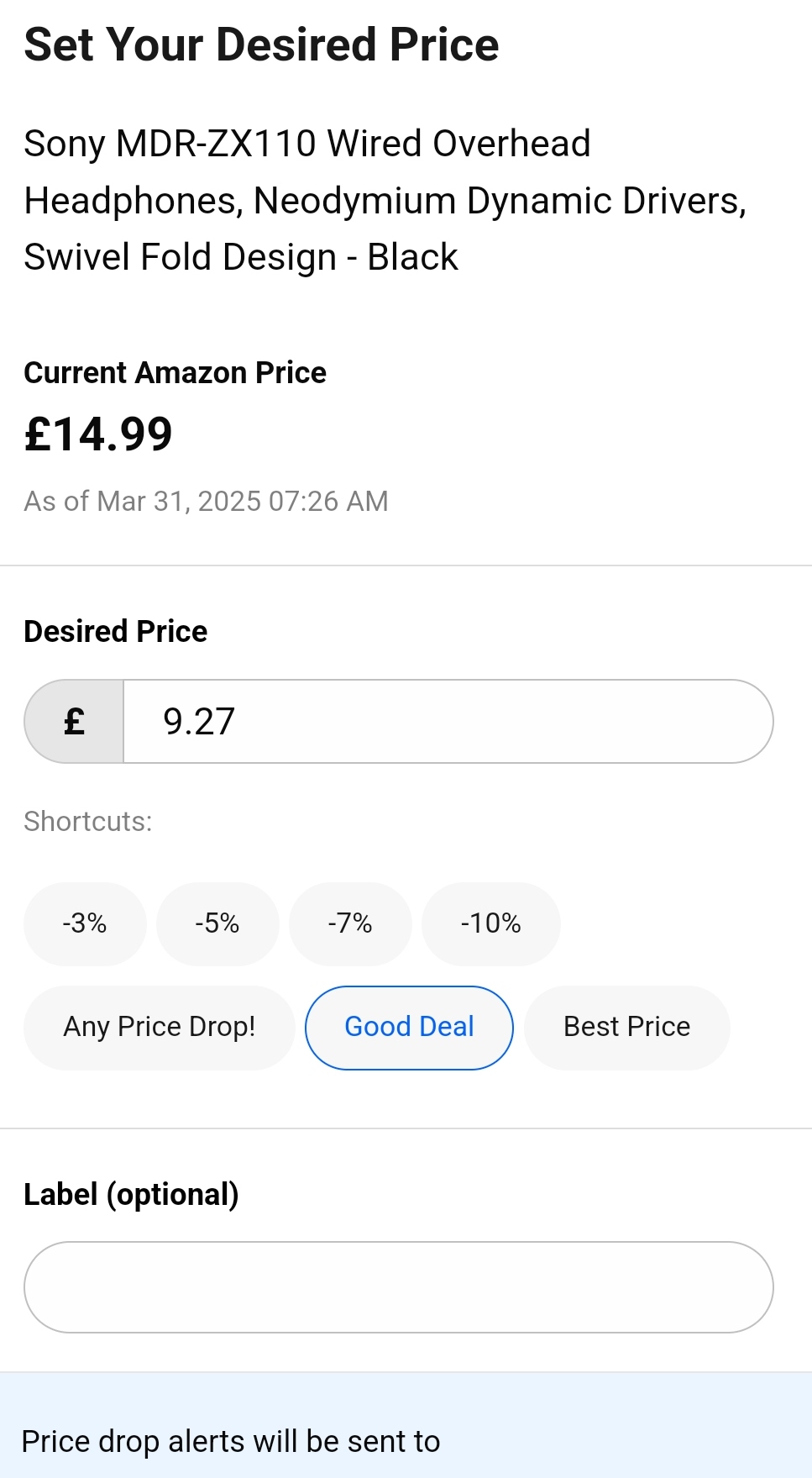 The page for setting up a CamelCamelCamel price drop alert on Amazon