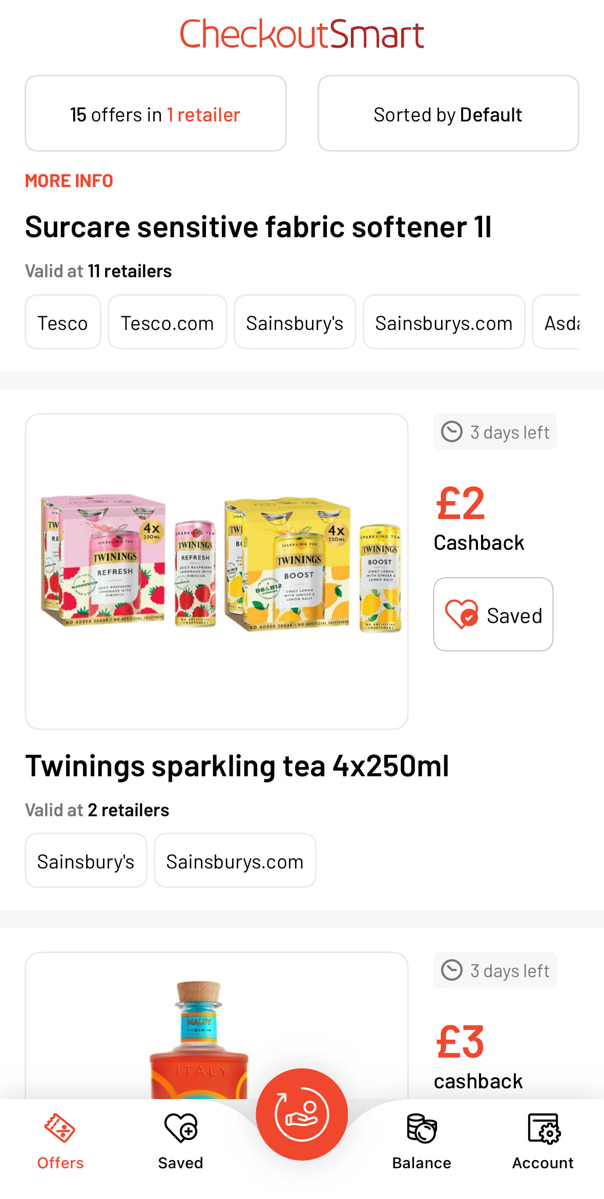 CheckoutSmart unused image 1 Screenshot of the CheckoutSmart app showing offers for Surcare sensitive fabric softener and Twinings sparkling tea with cashback amounts listed.