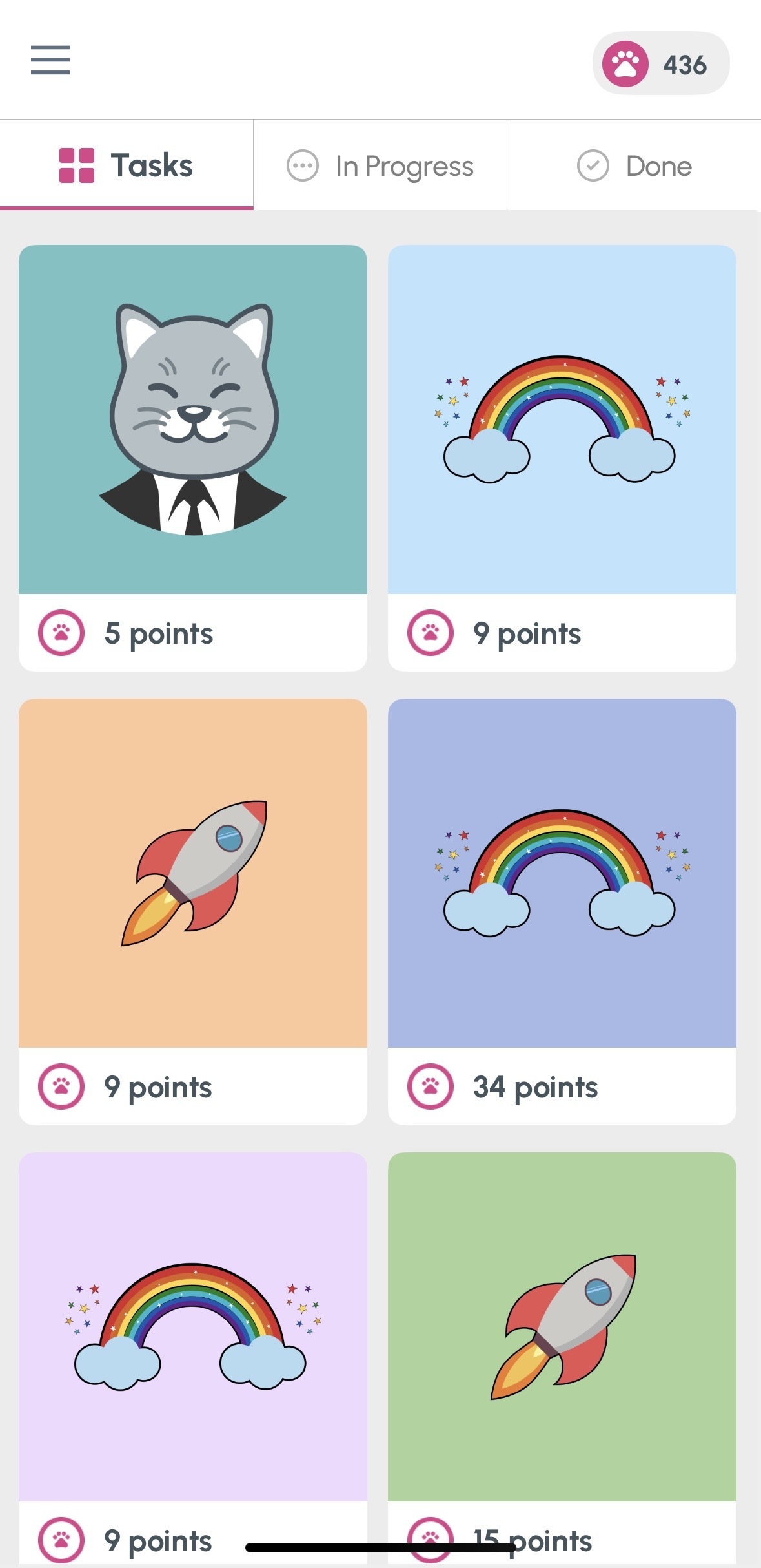 Curious Cat surveys A mobile app screen displays a task list with cartoon icons of a cat, rainbows, and rockets, each task showing different points values and some marked as completed.