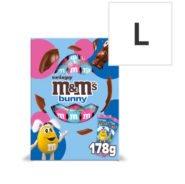 M&M's Crispy Bunny Milk Chocolate Easter Egg Crispy M&M's bunny box, 178g, showing chocolate bunny and colorful M&M's.