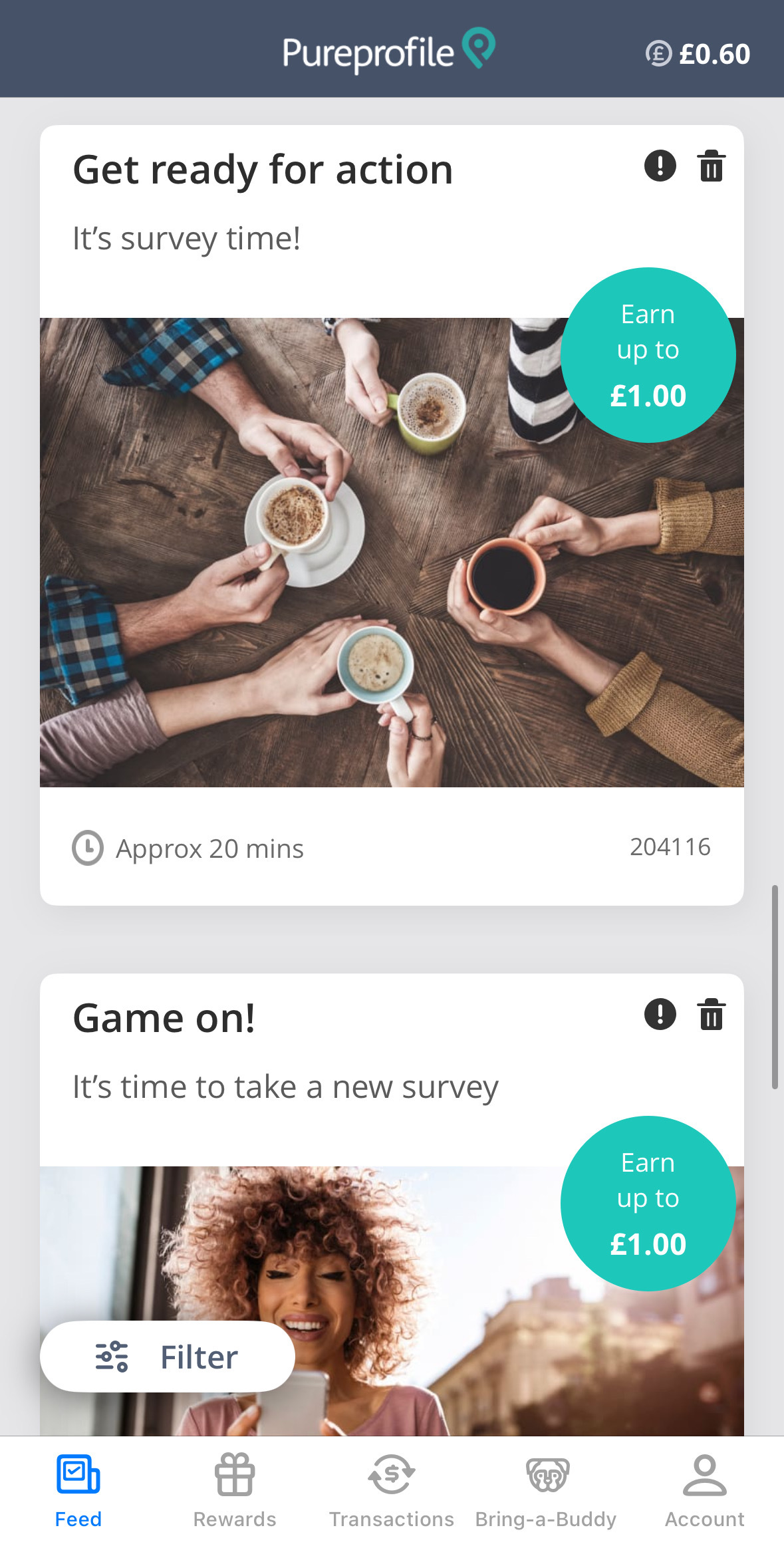 Pureprofile app A mobile app screen shows survey offers: one with people holding coffee cups around a table, another with a smiling woman. Both offer up to £1.00 for survey completion.