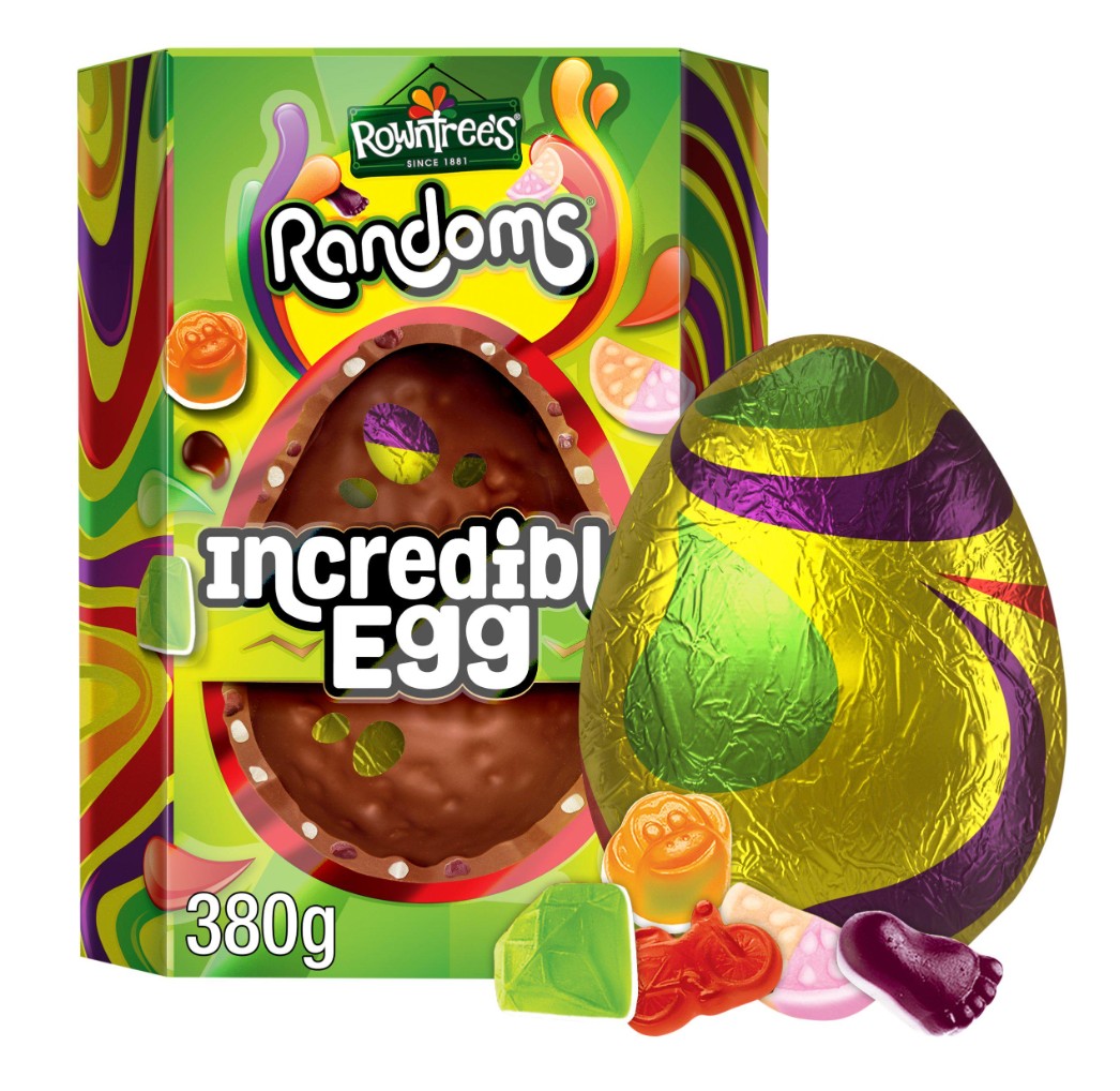 Randoms Incredible Egg Colorful carton of Rowntree's Randoms featuring a chocolate egg labeled "Incredible Egg" with various sweets around it, alongside a foil-wrapped chocolate egg.