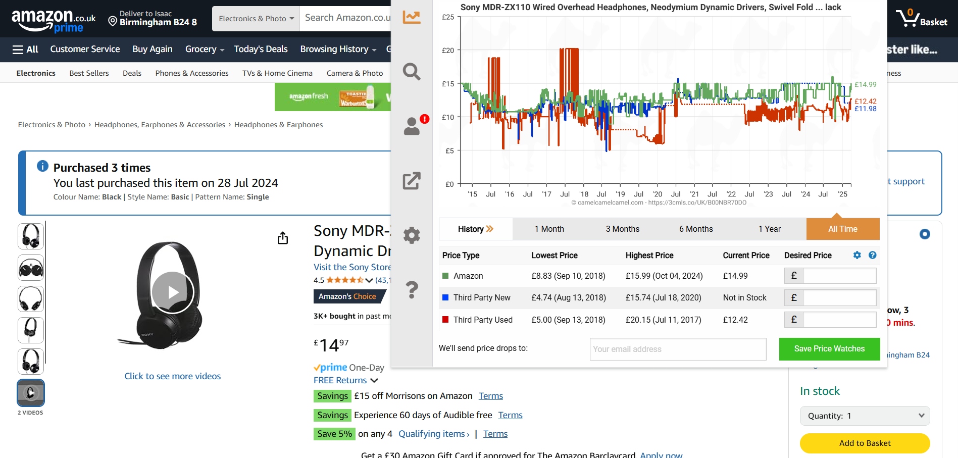 An image showing The Camelizer, the Chrome extension version of the CamelCamelCamel Amazon price tracker