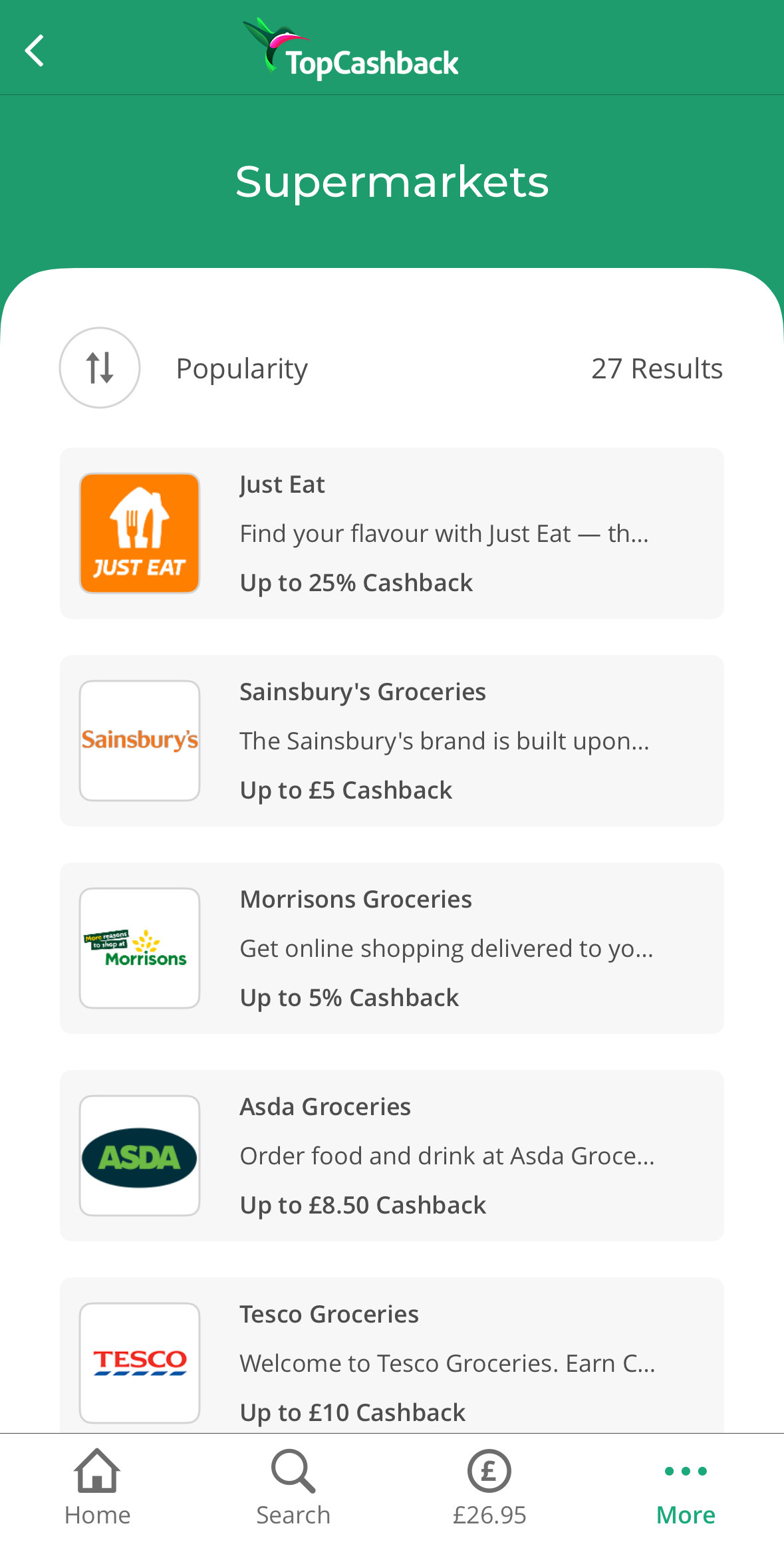 TopCashback supermarkets Screenshot of the TopCashback app displaying supermarket cashback offers from Just Eat, Sainsbury's, Morrisons, Asda, and Tesco, with cashback rates and brief descriptions.
