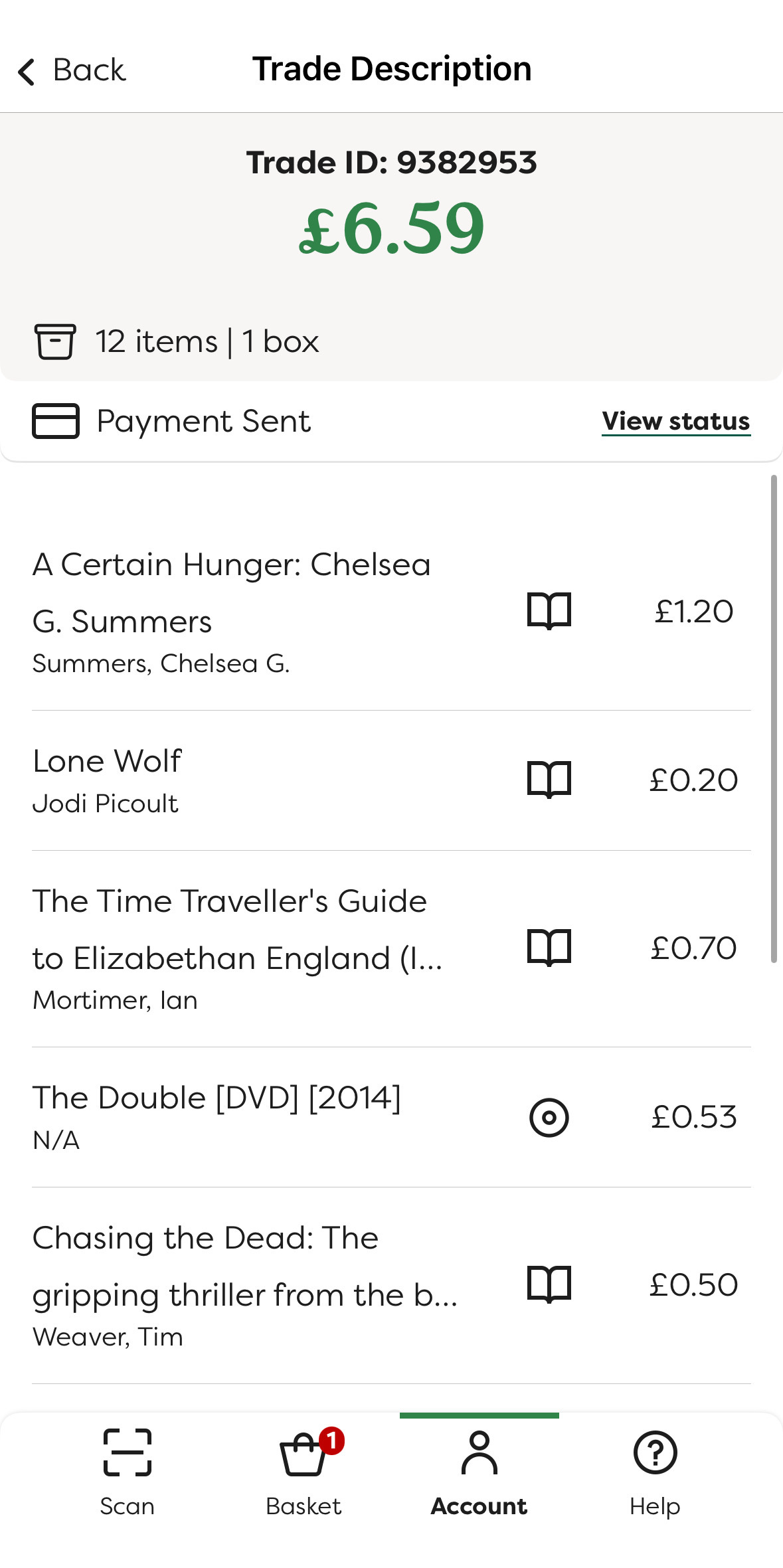 World of Books trade in A screenshot of a trade description for 12 items in 1 box, total £6.59, listing book and DVD titles with individual prices and a "Payment Sent" notice.