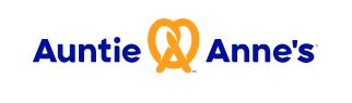 auntie anne's Auntie Anne's logo with the words "Auntie Anne's" in blue, separated by a stylized yellow pretzel in the center.