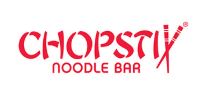 chopstix Red "Chopstix Noodle Bar" logo with stylized lettering, where the letter "K" resembles a pair of chopsticks, on a white background.