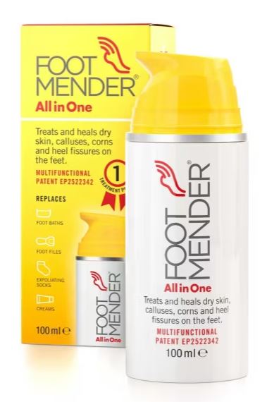 A bottle and box of Footmender All in One, a 100 ml foot care product for treating dry skin, calluses, corns, and heel fissures, are displayed on a white background.
