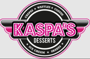 kaspa's Kaspa's Desserts logo with bold pink and white lettering, featuring words crepes, waffles, coffee, ice cream, and shakes in a circular design.