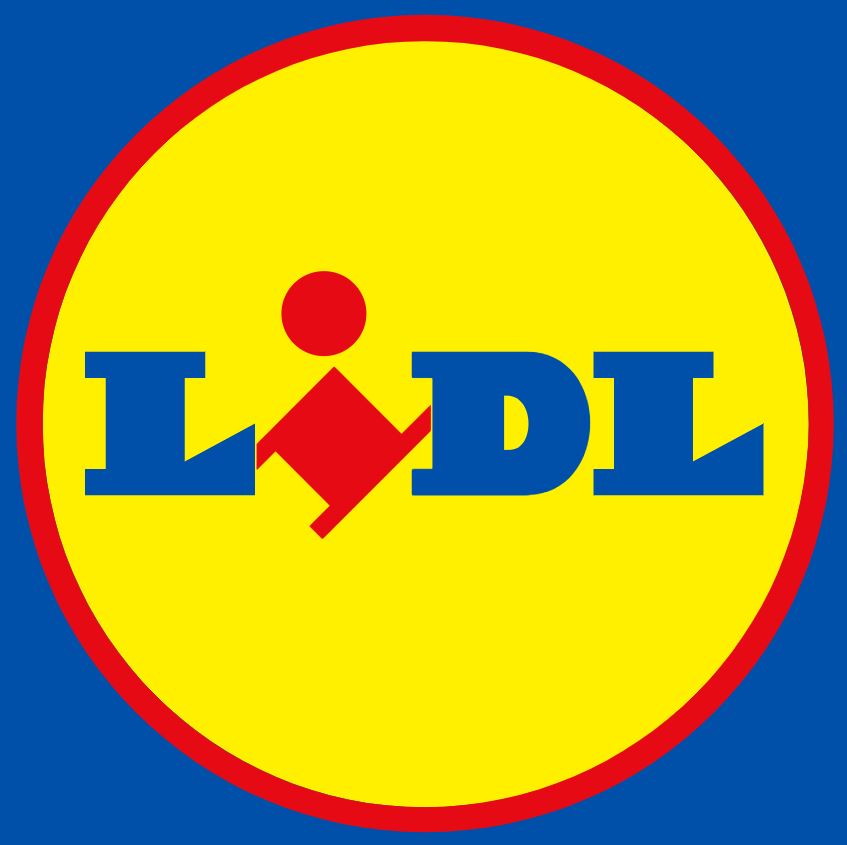 lidle Lidl logo featuring blue letters on a yellow circle with a red border, incorporating a red diamond and dot within the design.
