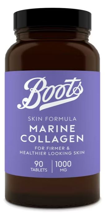 A brown bottle labeled "Boots Skin Formula Marine Collagen, 90 tablets, 1000 mg, for firmer and healthier looking skin.