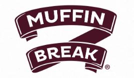 muffin break Maroon "Muffin Break" logo with the words displayed on two curved banners, one above the other, on a white background.
