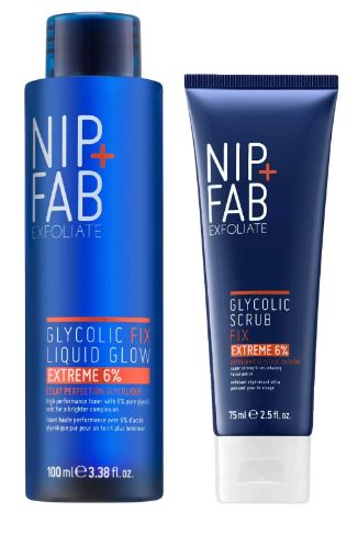 Two skincare products labeled NIP+FAB Exfoliate: a blue bottle of Glycolic Fix Liquid Glow Extreme 6% (100ml) and a blue tube of Glycolic Scrub Fix Extreme 6% (75ml).