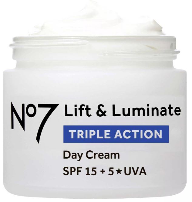 no7 day cream A clear jar labeled "No7 Lift & Luminate Triple Action Day Cream SPF 15 + 5★ UVA" with white cream visible inside.