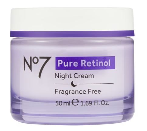 A jar of No7 Pure Retinol Night Cream, fragrance-free, with a purple and white design, 50ml (1.69 Fl. Oz.).