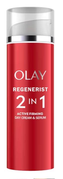 olay regenerist A red bottle of Olay Regenerist 2 in 1 Active Firming Day Cream & Serum with a clear cap and white pump dispenser.
