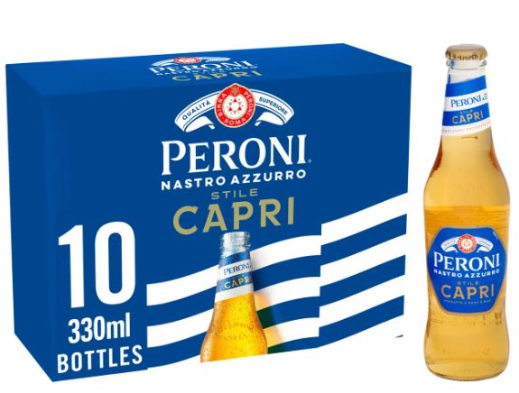 A 10-pack of Peroni Nastro Azzurro Stile Capri 330ml bottles with one bottle displayed next to the box.