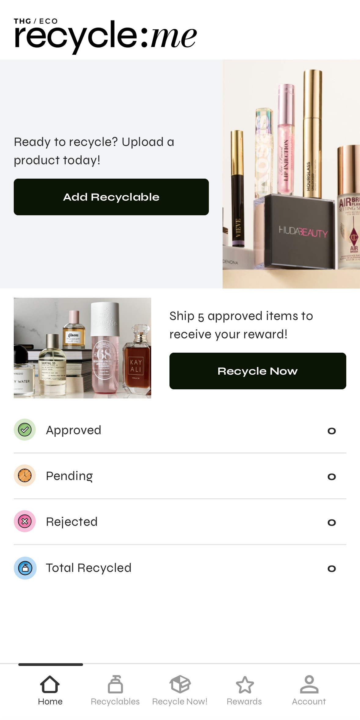 recycleme homepage Recycle:me app interface showing options to add recyclables, track status (approved, pending, rejected, total recycled), and a prompt to ship 5 items for a reward.