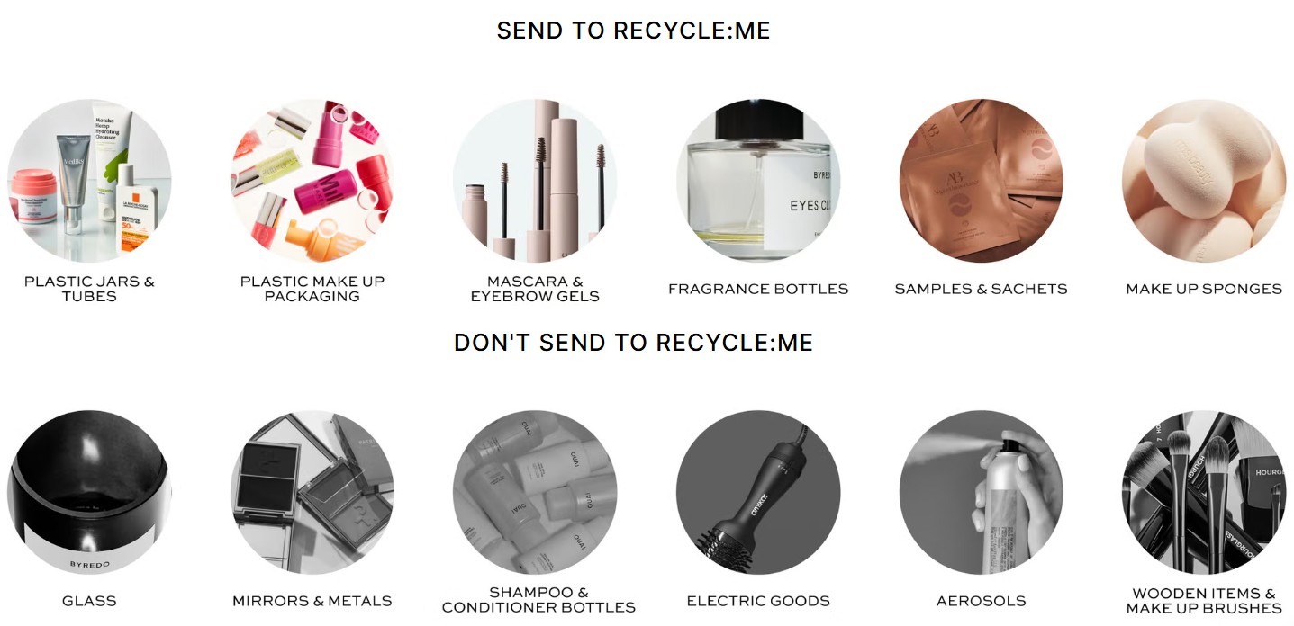 recycleme recyclable items A guide showing which beauty product items can and cannot be sent to RECYCLE:ME, with categories illustrated by product images and divided into two sections.