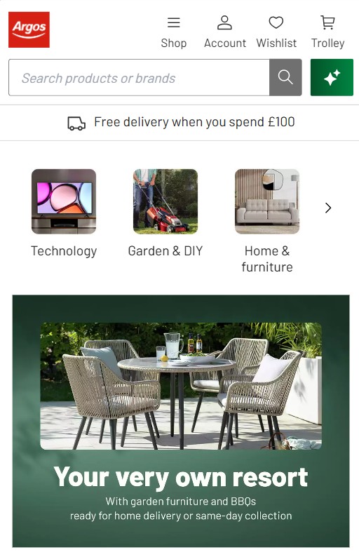 Argos website mobile Argos website homepage showing navigation menu, search bar, and a garden furniture promotion with outdoor chairs and table under the text "Your very own resort.