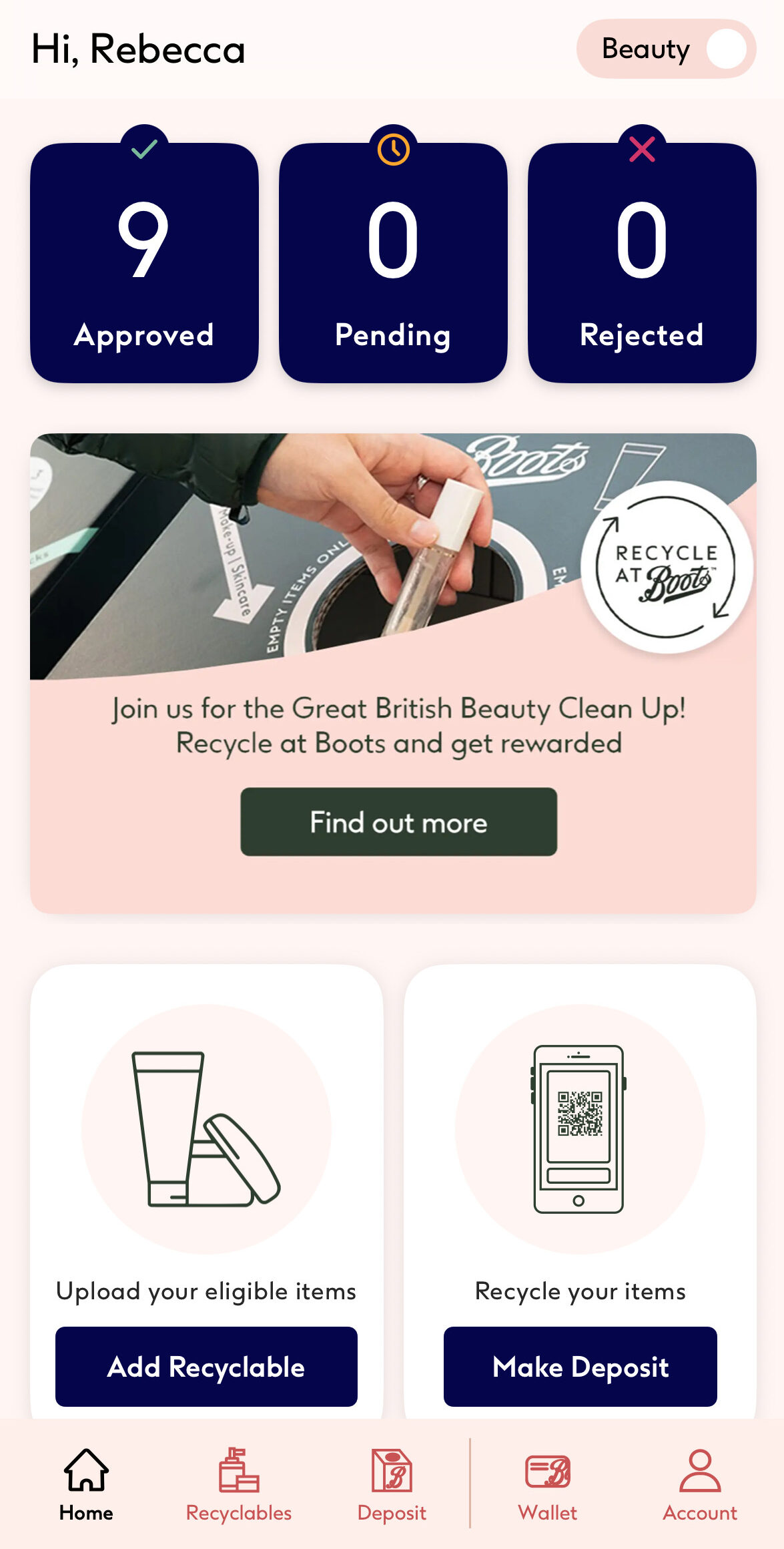 Boots recycling homepage Mobile app screen showing a user's beauty recycling dashboard with 9 approved deposits, and options to add recyclables or make a deposit. A promotional banner invites users to recycle at Boots.
