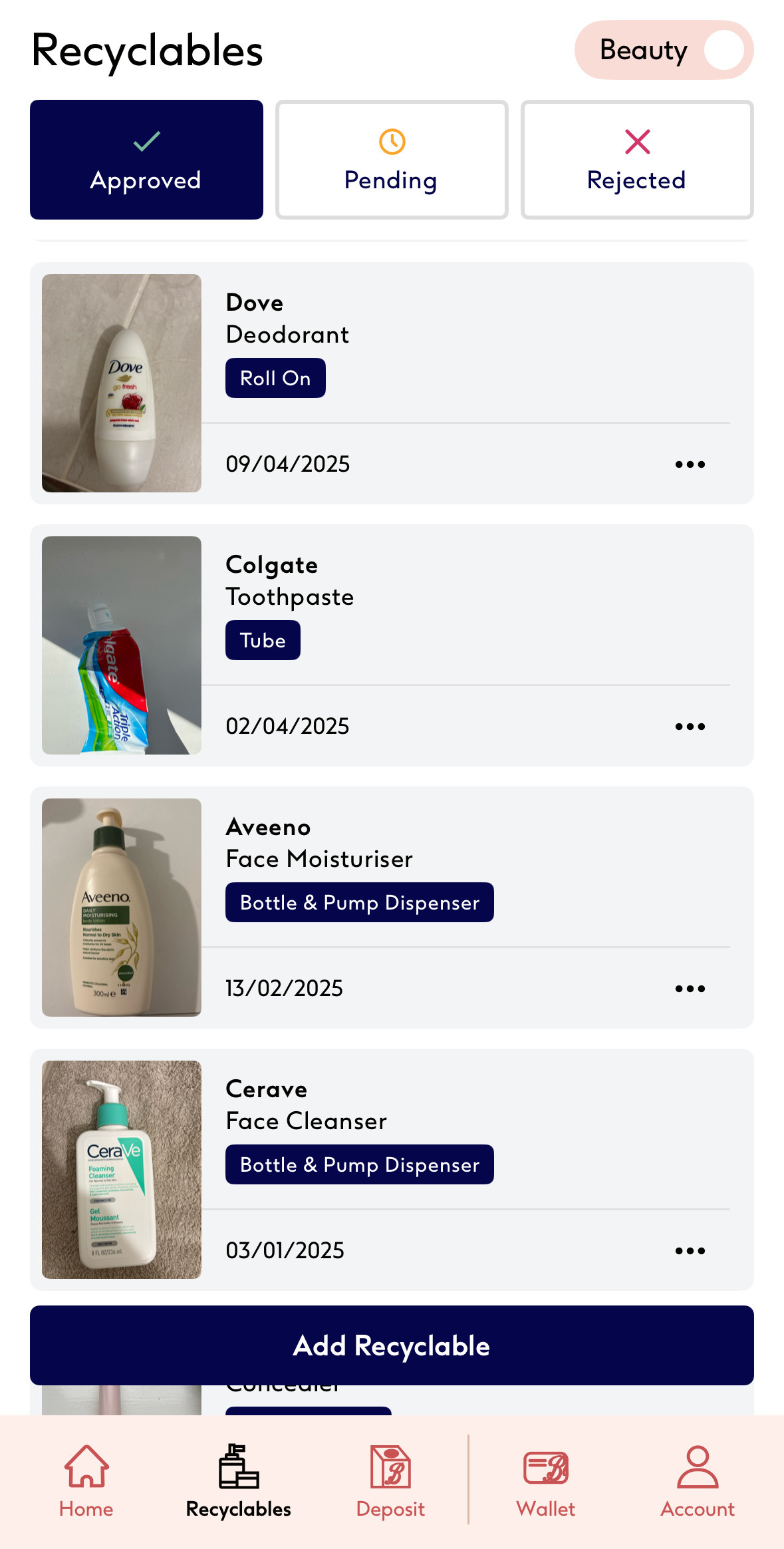 Boots recycling items A mobile app screen shows a list of approved recyclable beauty products with product names, expiry dates, and types, plus navigation icons at the bottom.