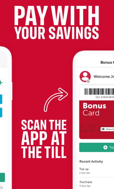Capture4 A smartphone screen displays a digital bonus card app with the text "Pay with your savings" and "Scan the app at the till" on a red background.