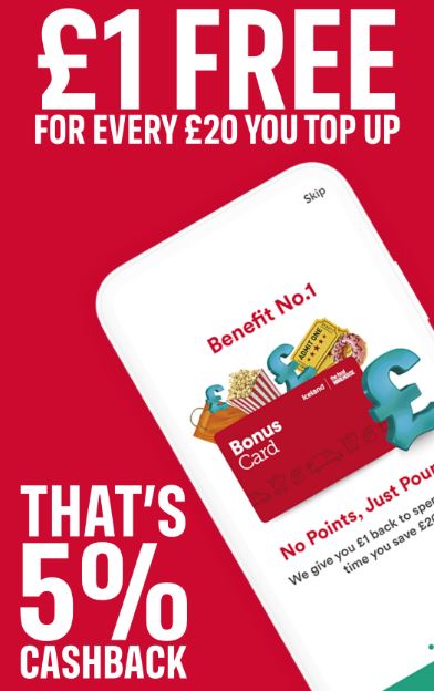 Capture5 Promotional image offering £1 free for every £20 topped up, highlighting a benefit card and stating "That's 5% cashback" on a red background.