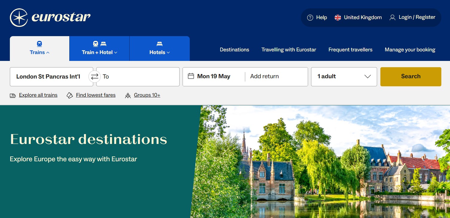 Eurostar homepage Eurostar booking webpage showing search options for trains, hotels, and destinations, with a scenic European town and river pictured below the search bar.