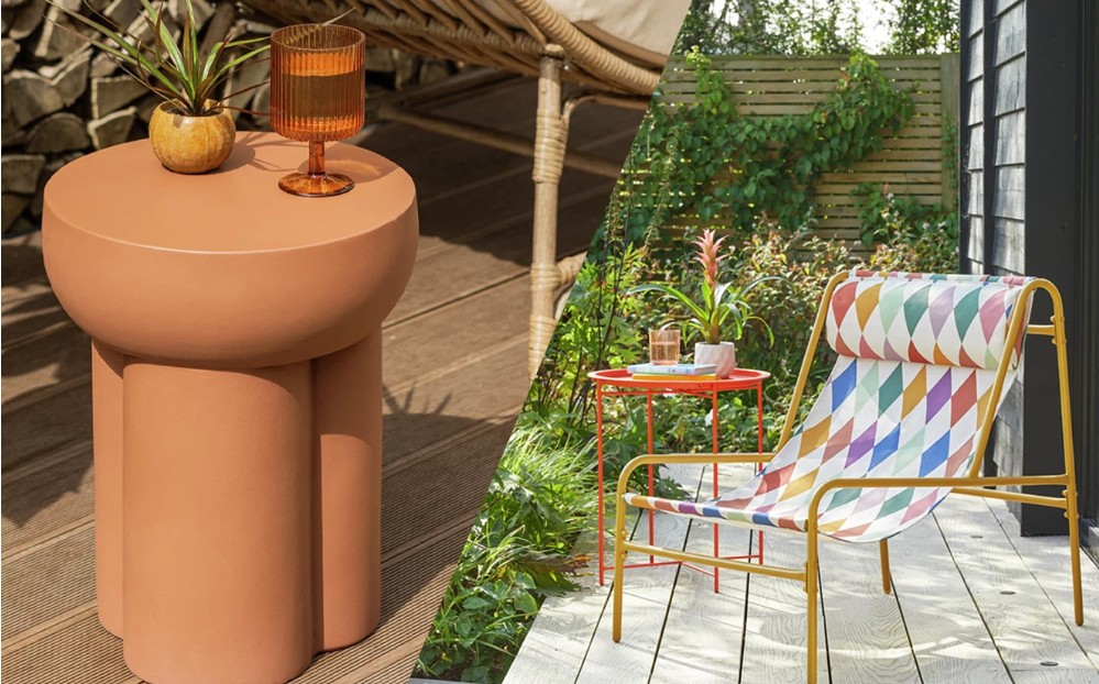 Habitat Split image: Left side shows a terracotta side table with two glasses on a wooden deck; right side features a patterned lounge chair and red table in a garden patio setting.
