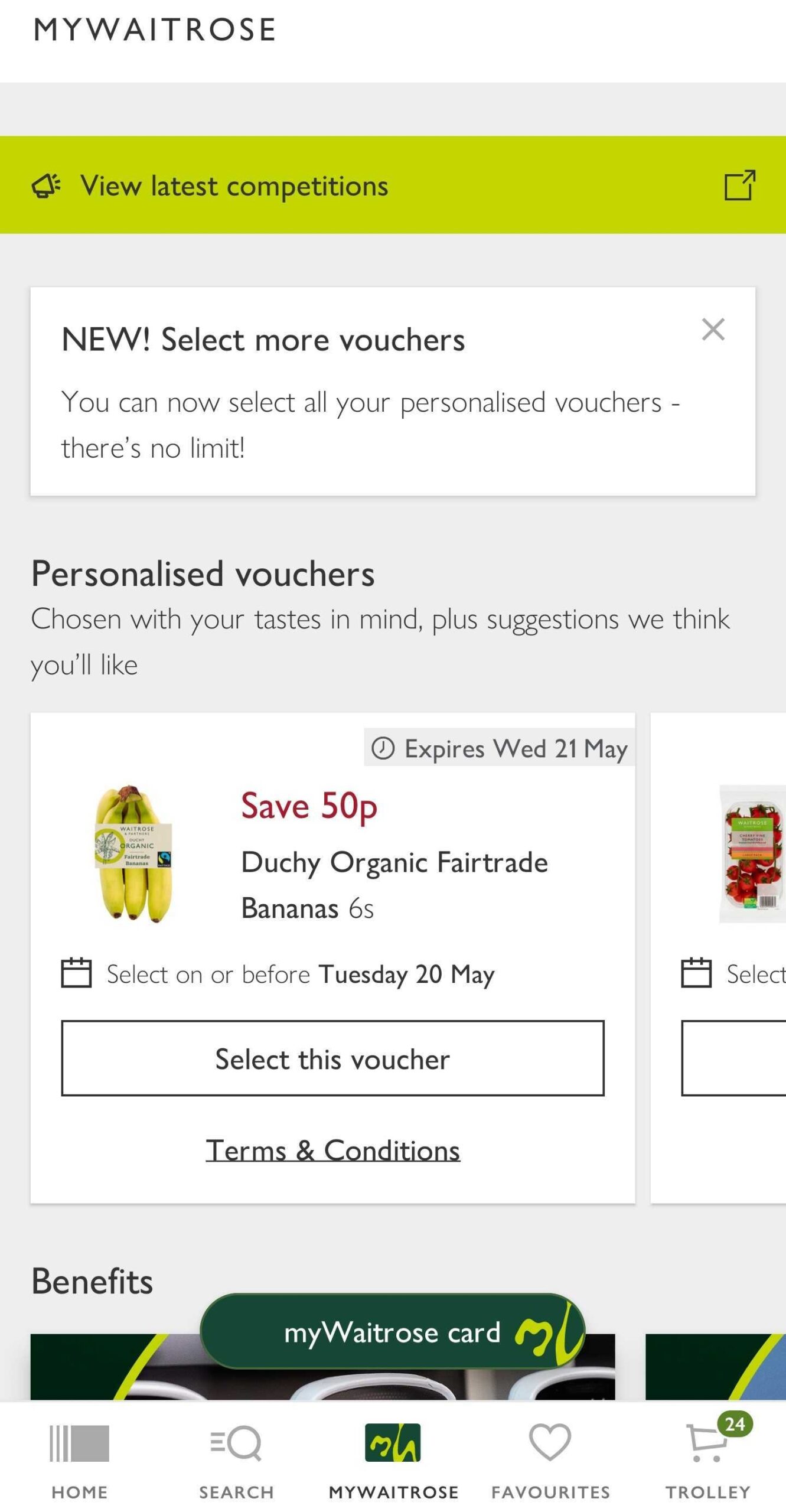 MyWaitrose screenshot Screenshot of the MyWaitrose app showing a personalised voucher