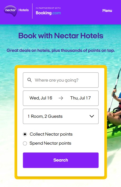 Nectar Hotels mobile homepage A hotel booking webpage for Nectar Hotels, showing date, guest, and points options with a search button. The background features a beach and a person kayaking.