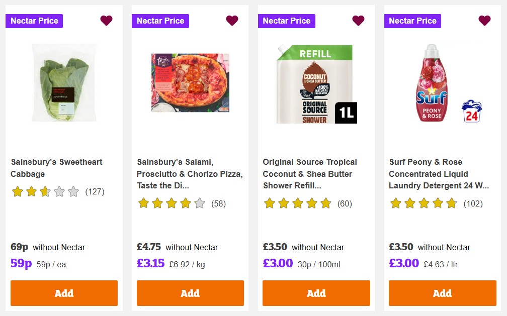 Nectar prices example A selection of four discounted products on a shopping website, including cabbage, pizza, shower refill, and laundry detergent, each with a price, rating, and "Add" button.