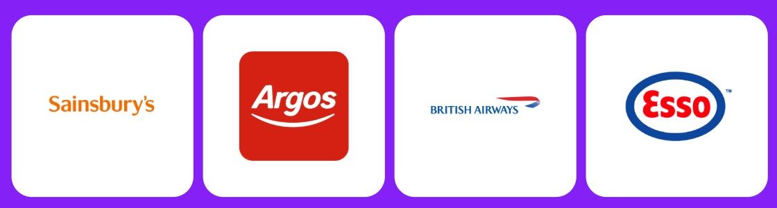 Spend nectar points Five logos displayed left to right: Sainsbury's, Argos, British Airways, Esso, and Nectar Hotels, each on a white square background with a purple border.