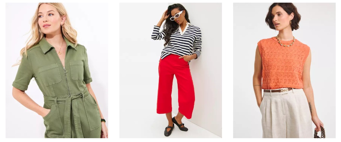 Tu clothing Three women modeling outfits: one in a green belted jumpsuit, one in a striped top with red pants, and one in a sleeveless orange knit top with light beige trousers.