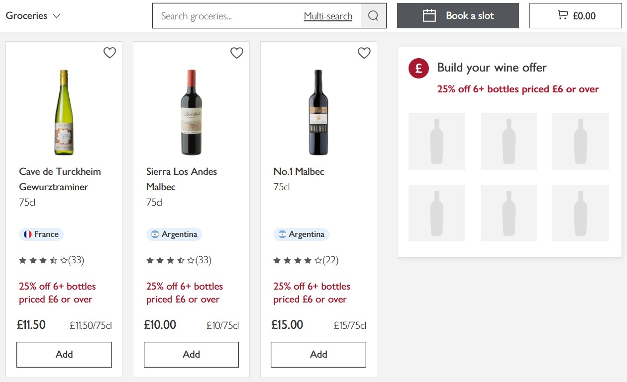 Waitrose 6 bottle wine deal desktop May 2025 Screenshot of an online grocery store wine selection, showing three bottles with prices, ratings, and a "25% off 6+ bottles priced £6 or over" offer.