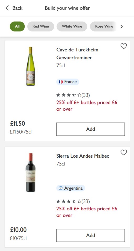 Waitrose 6 bottle wine deal mobile May 2025 Product listings for two wines: a French Gewurztraminer (£11.50) and an Argentinian Malbec (£10.00), both 75cl, with a 25% discount for purchasing six or more bottles.