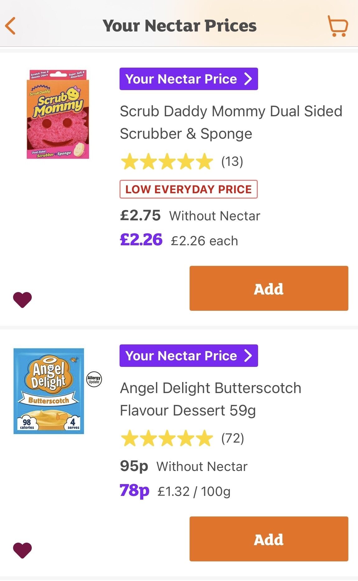 Your Nectar Prices mobile Screenshot of a shopping app showing prices and options to add a Scrub Daddy cleaning sponge and Angel Delight dessert mix to the trolley.