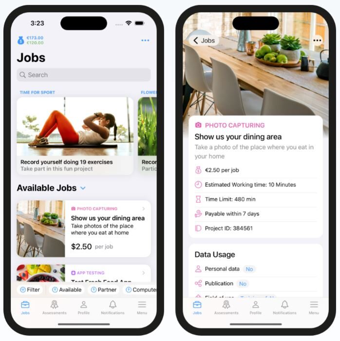 clickworker2 Three smartphone screens display a job app interface: job listings, details for a photo task of a dining area, and instructions for task completion.