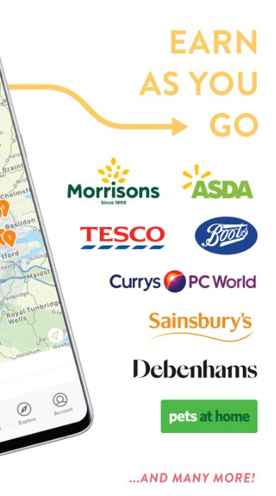 field agent 2 A smartphone displays a map next to logos of UK retailers including Morrisons, Asda, Tesco, Boots, Currys PC World, Sainsbury’s, Debenhams, and Pets at Home. Text reads "Earn as you go.