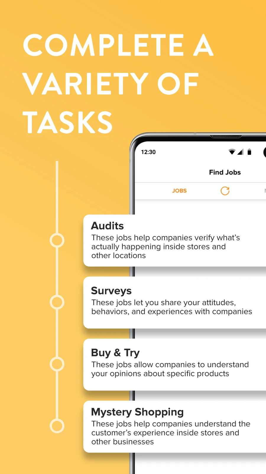 field agent A smartphone screen displays job categories: Audits, Surveys, Buy & Try, and Mystery Shopping, each with a brief description, on a yellow background.