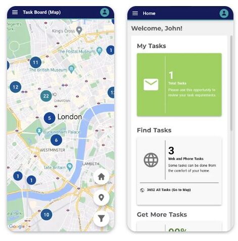 ishopfor ipsos Three mobile app screens display a navigation menu, a map with task locations in London, and a user dashboard with tasks and a map preview, all branded as ShopFor Ipsos.