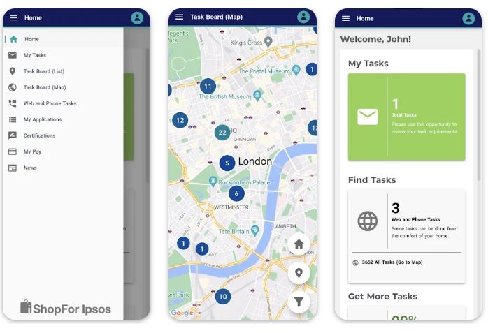 ishopfor ipsos Three mobile app screens display a navigation menu, a map with task locations in London, and a user dashboard with tasks and a map preview, all branded as ShopFor Ipsos.