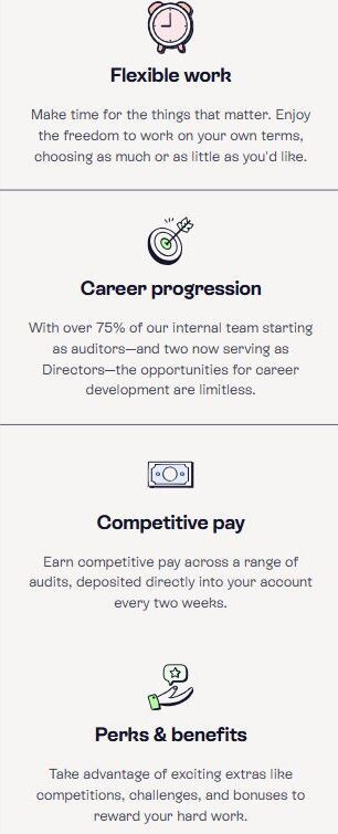 serve legal mobile A list of employee benefits with icons, including flexible work, career progression, competitive pay, and perks and benefits, each described in short text.